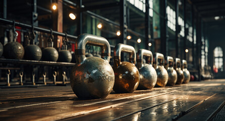 A striking display of strength and dedication, a row of gleaming kettlebells stands tall in the indoor gym, resembling a colorful art installation amidst the utilitarian ground, like bowling pins wai