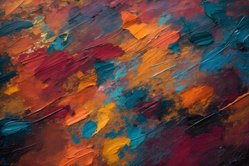 Closeup of abstract colorful detailed texture background. Oil, acrylic brushstroke, pallet knife paint on canvas (Generative Ai)