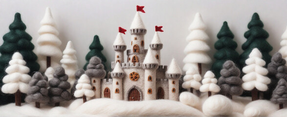 cute castle and snowy forest for christmas felted on a white background.