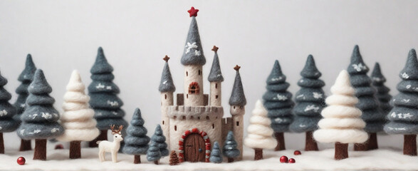 cute castle and snowy forest for christmas felted on a white background.