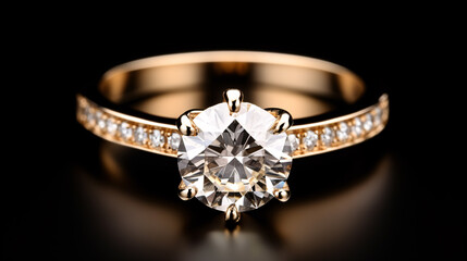 A yellow gold solitaire-style engagement ring is isolated on a black background.