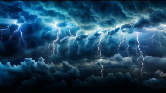 A dramatic thunderstorm scene with cumulonimbus clouds, jagged lightning bolts, heavy rain, and flashes of light against a black background.