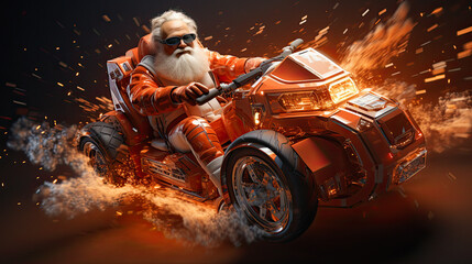 Santa Claus on an futurist electric sleigh delivers Christmas presents - obrazy, fototapety, plakaty