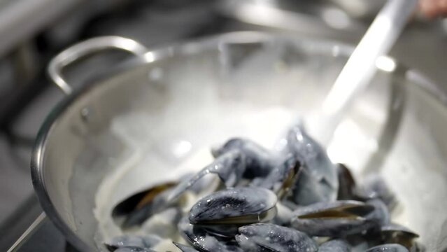 chef cooking mussels with creamy sauce in restaurant, closeup view of male hand stirring food