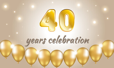 40 years celebration. Banner postcard with 40 golden numbers on a light background and golden balls around the bottom.