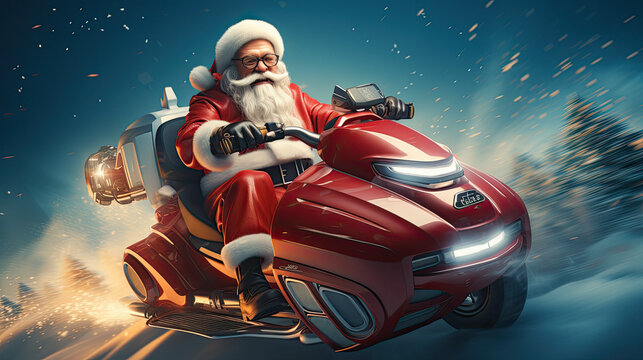 Santa Claus on an futurist electric sleigh delivers Christmas presents