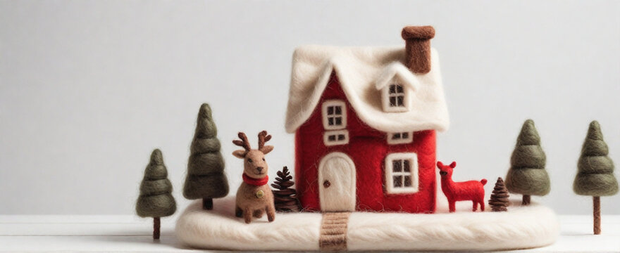 cute house for christmas felted on a white background.