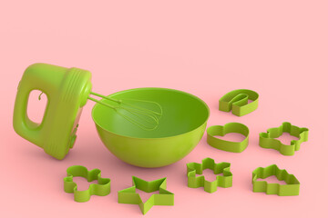 Metal bowl with electric mixer and cookie cutters on monochrome background