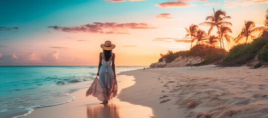 attractive woman wearing a long white dress and a pamela, walking on a beach in a paradisiacal place with palm trees - obrazy, fototapety, plakaty