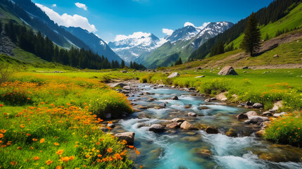 beautiful nature scenes, river and mountains enhance beauty  . generative Ai