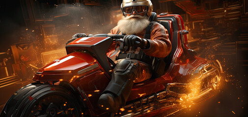 Santa Claus on an futurist electric sleigh delivers Christmas presents - obrazy, fototapety, plakaty