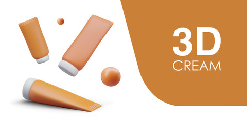 Poster with colorful plastic bottles for cosmetic products. Mock-up with different containers for cream. Concept of skincare. Vector illustration in 3d realistic style