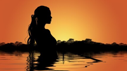 Silhouette of a woman enjoying sunset by the sea and standing against the suns