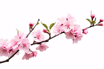 A pristine Sakura tree branch with rosy blossoms isolated on a pallid background.
