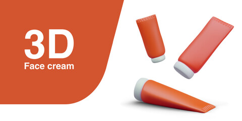 Set of red vector tubes in different positions. Advertising templates of face cream. Place for text, brand, logo. Realistic illustration, mockup. Isolated vector