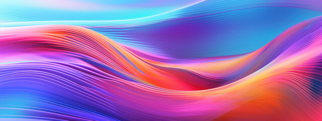 Abstract 3D depiction of colorful, reflective waves creating a rhythmic and captivating pattern.