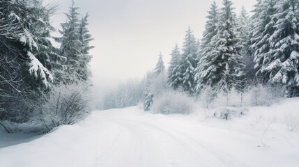 Naklejka premium A picturesque, snow-covered wooded path in the mountains.