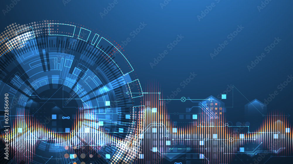 Poster scientific and technological concept with the use of technical elements formed in the shape of a cir