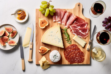 Fototapeta na wymiar Top view on a wooden cutting board filled with artisanal cheeses, cured meats, fresh figs, with grapes and glasses of wine. Flat lay