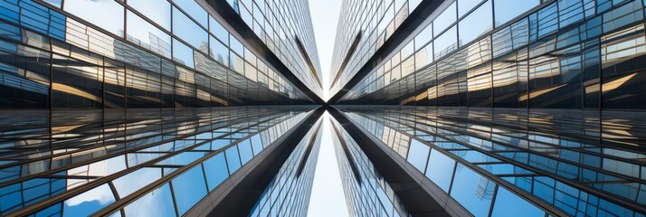 Bottom view on a modern sleek glass skyscrapers reaching towards the sky, background, business concept