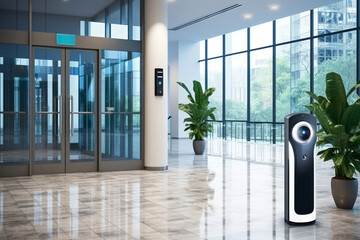 Interior of a modern office lobby with smart access systems and biometric security, showcasing...