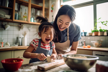 A view of a asian parent and child engaged in a fun cooking or baking activity, illustrating the joy of culinary bonding, selective focus, shallow depth of field, blurred - obrazy, fototapety, plakaty