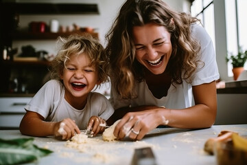 A view of a parent and child engaged in a fun cooking or baking activity, illustrating the joy of culinary bonding, selective focus, shallow depth of field, blurred - 672856681