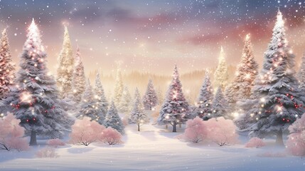 An illustration of a snowy winter forest adorned with sparkling Christmas trees and a warm glow of lights, a magical holiday atmosphere - obrazy, fototapety, plakaty