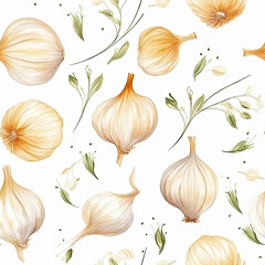 A seamless pattern illustration with garlic and leaves, on a white background, pastel colors