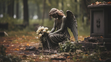 sad looking angel out of stone sitting in front of a grave