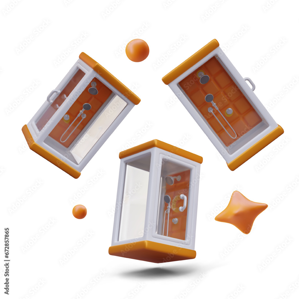 Poster set of shower cabins in different positions, decorative elements. 3d vector objects. color compositi