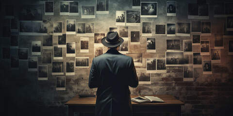 Focused detective studying photographs.