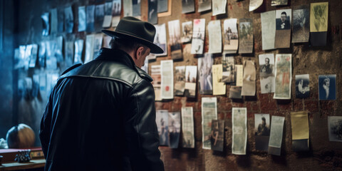 Focused detective studying photographs.