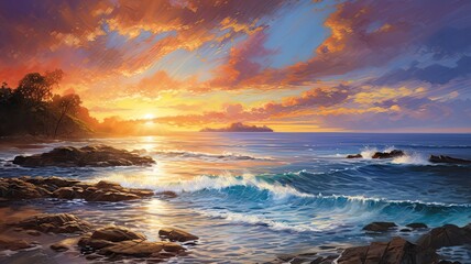 Fototapeta premium A mesmerizing sunset by the sea, with the sun's rays painting the sky in a stunning array of colors, capturing the essence of coastal sunsets
