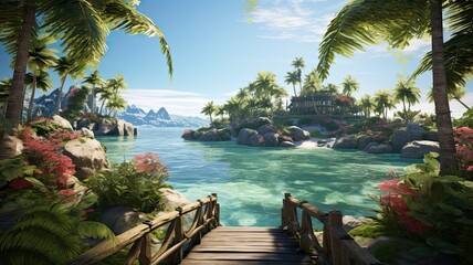 Fototapeta premium Visualize an idyllic island getaway with exotic flora, palm-fringed shores, and inviting waters, representing dreamy seaside destinations