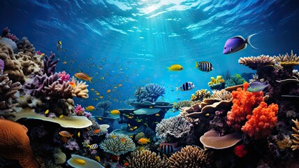 Naklejka na ściany i meble An image of vibrant coral reefs teeming with colorful fish and marine life, showcasing the underwater beauty of the sea