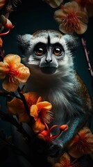 Fototapeta premium Beautiful Wild Animal Portrait in a Zoo and Flowers 
