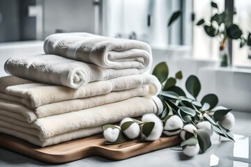 Cotton towels of neutral colour lie on a table in a modern bathroom. The  with eucalyptus branches stands next to them.