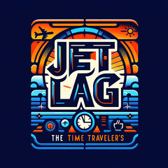 Illustration of a stylized quote about jet lag, featuring bold, modern typography with the phrase Jet Lag: The Time Traveler's in vibrant colors