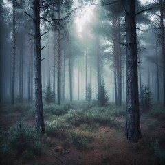 mystical pine forest fog dark colors,