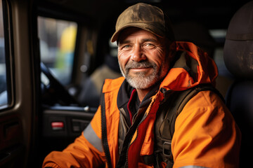 The driver behind the wheel of the truck in an orange jacket with reflective stripes