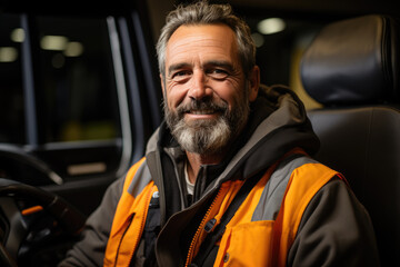 The driver behind the wheel of the truck in an orange jacket with reflective stripes