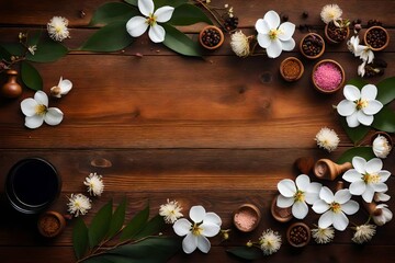 Spa still life with flowering branches on wooden table, top view.