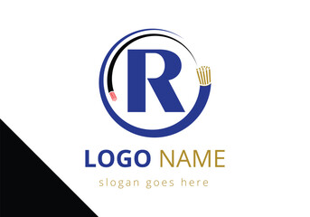 Letter R with electric wire, optical fiber cable Logo Design Vector Template.