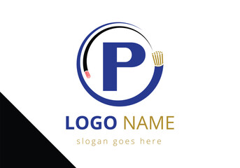 Letter P with electric wire, optical fiber cable Logo Design Vector Template.