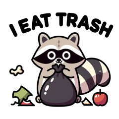 Funny Adorable raccoon happily digging into a trash bag, with bits of wrappers and apple cores around vector illustration, I eat trash raccoon trash panda stock vector image