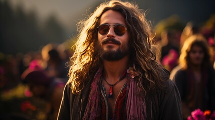 A young man with long hair and a beard wearing glasses at sunset. Traveler, wanderer boho style. Hippie.