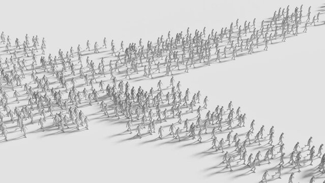 二極化して離れてゆく人々の群れのスローモーション動画
