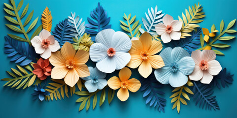 Fototapeta premium Colorful paper flowers and leaves.