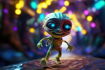 Cute Alien Extraterrestrial Superhero Speeding Ahead with Vibrant Backdrop